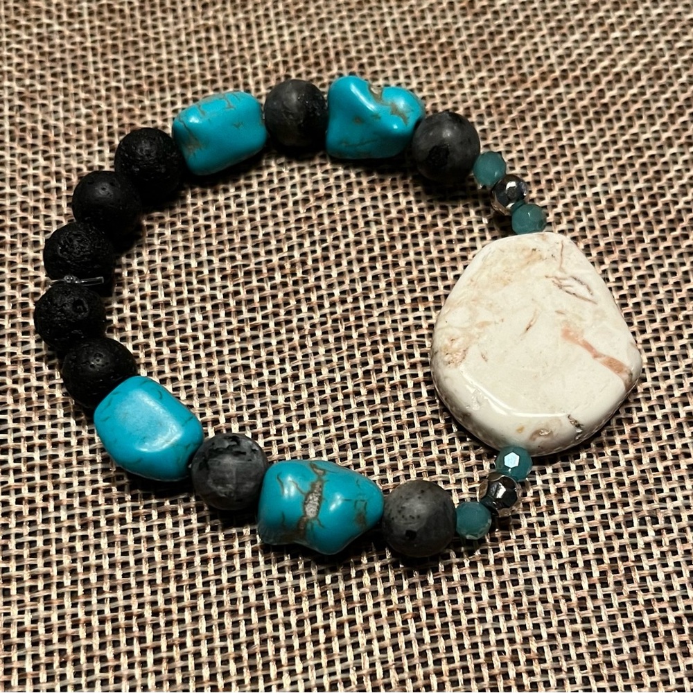 Hand crafted lava diffuser bracelet white stone silver grey turquoise small